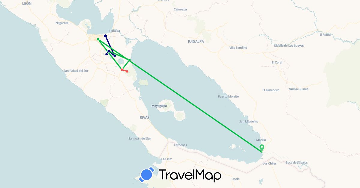 TravelMap itinerary: driving, bus, hiking in Nicaragua (North America)
